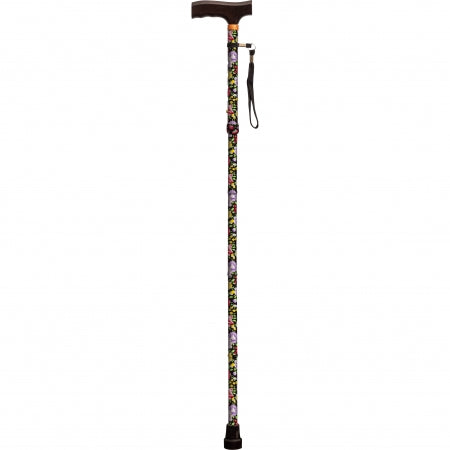 Folding Walking Cane - Patterned - Black Floral