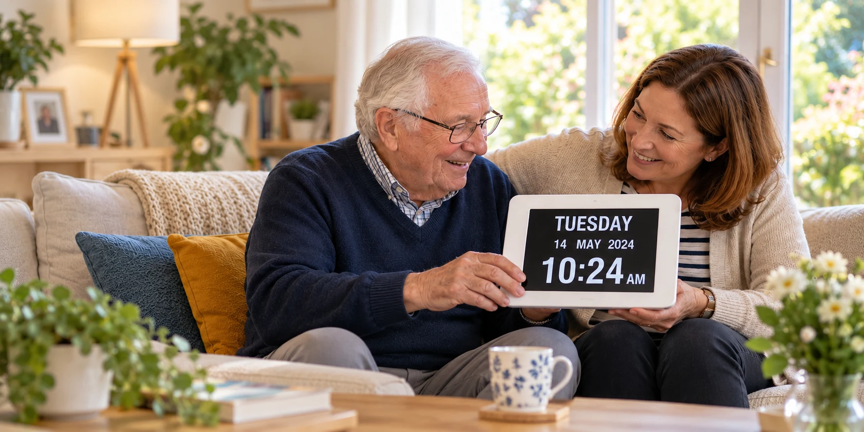An older man and family member looking at a clear day clock together at home