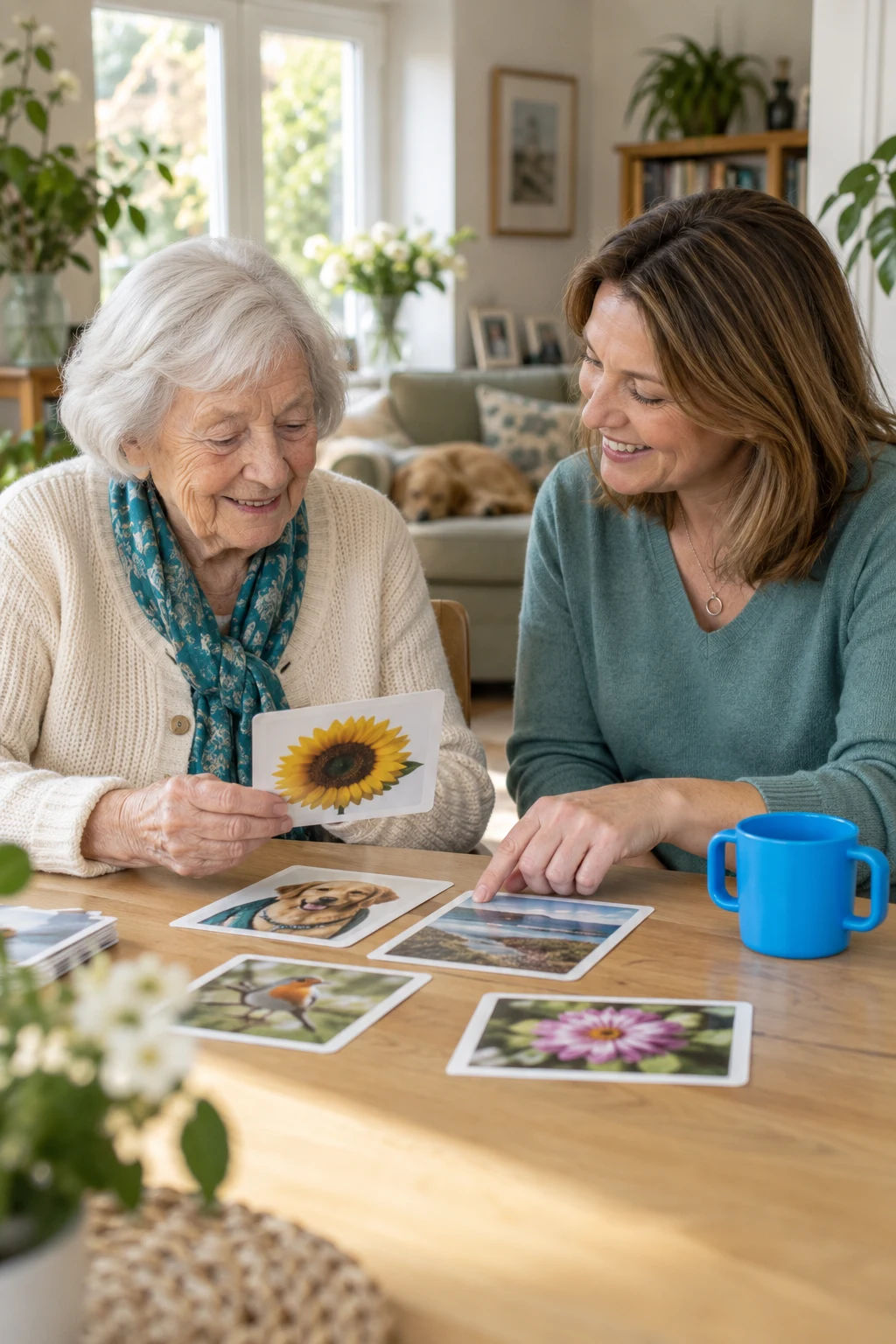 Family members exploring familiar picture cards together