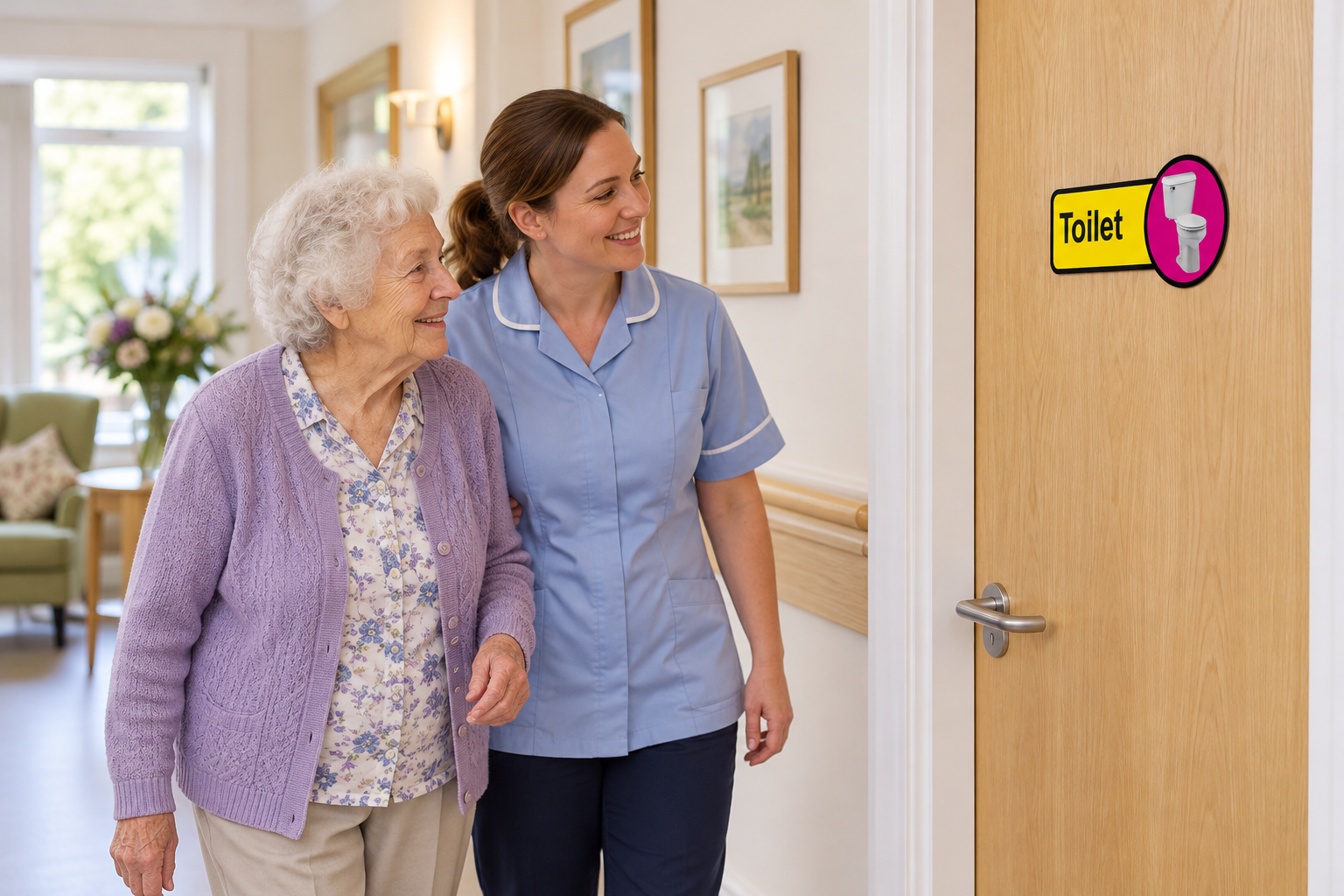 An older woman and a care worker looking at a yellow and magenta toilet sign on a care-home door