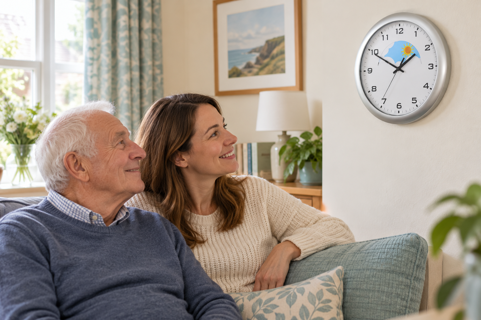 An older man and a family member looking at a silver analogue clock with a day and night display