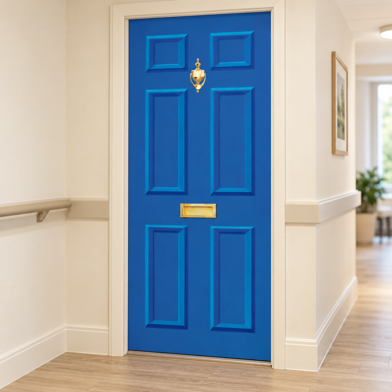 Illustration of a blue six-panel door decal with a printed gold letterbox and knocker fitted to a door in a care-home corridor.