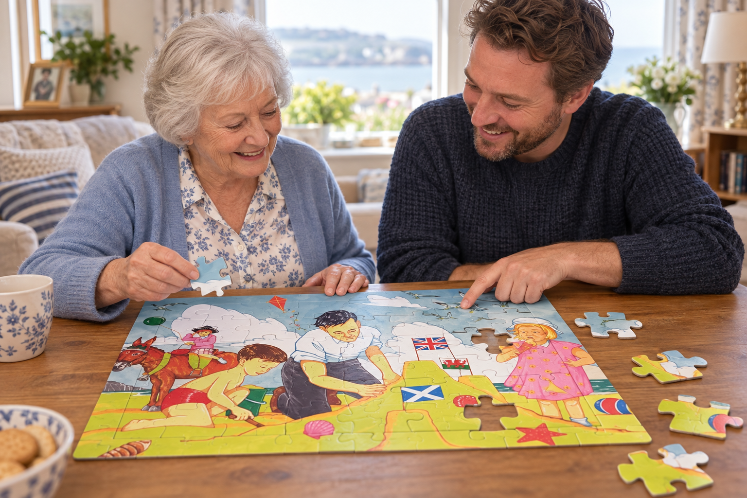 An older woman and a family member assembling a large-piece seaside jigsaw together at a table
